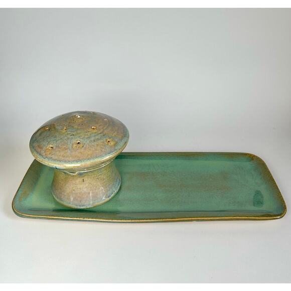 Vintage Ceramic Art Pottery Iridescent Mushroom Incense Holder and Tray - Picture 1 of 10